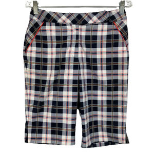 Bette & Court Shorts Womens Sz 4 Knit Bermudas Navy White Plaid Tartan‎ Pockets
